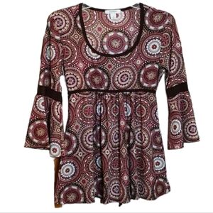 Raisin & Mauve Medallion Boho Empire Design Top w/ Tulip Sleeves sz Small